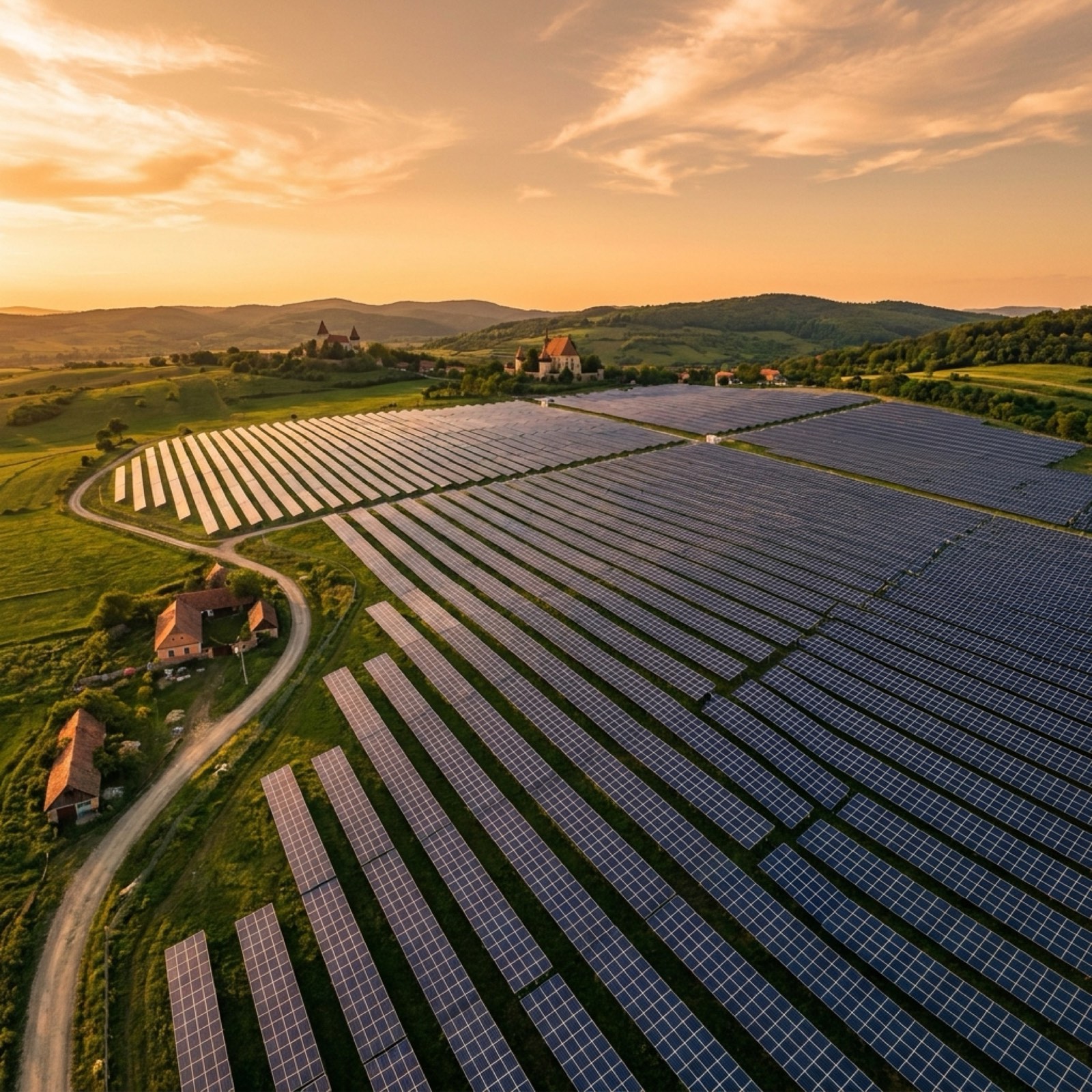 Fermă solară la apus