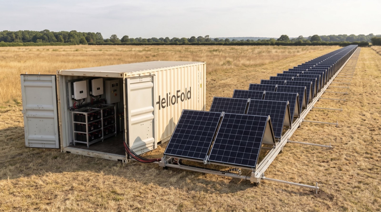 Sistem solar pliabil HelioFold desfășurat dintr-un container, pe câmp