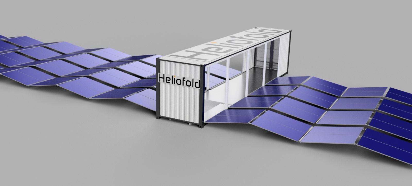 Randare 3D: containerul HelioFold desfășurându-se
